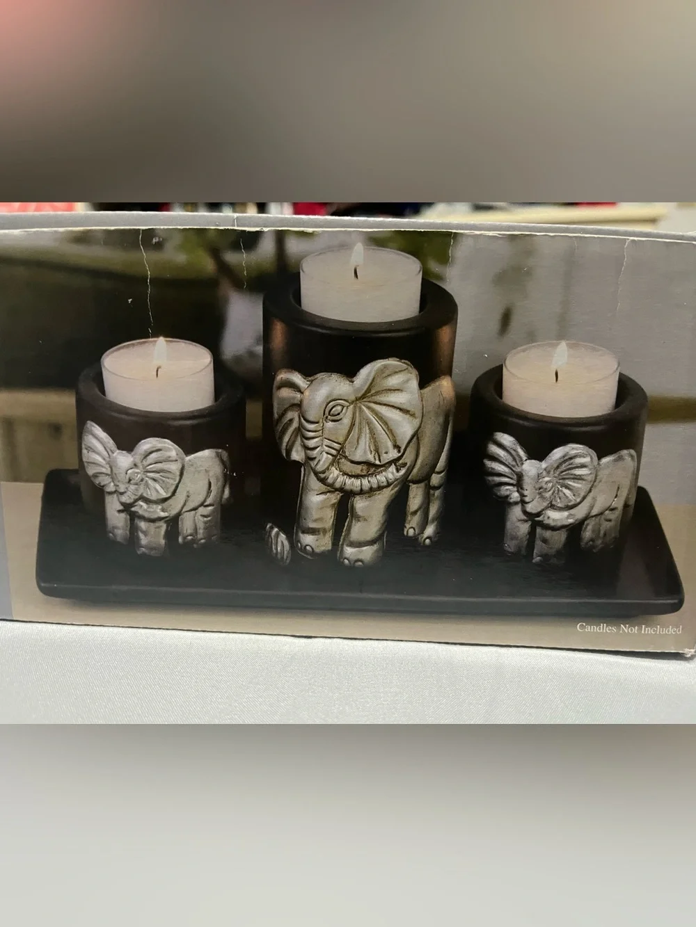 Black and Silver Elephant Candle Holder Set